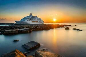 een luxe jacht in de oceaan Bij zonsondergang. ai-gegenereerd foto