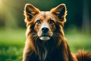 een bruin hond zittend in de gras. ai-gegenereerd foto