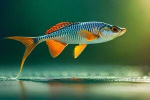 een vis met oranje en wit vinnen is zwemmen in de water. ai-gegenereerd foto