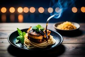 een bord van spaghetti met vlees en saus Aan een houten tafel. ai-gegenereerd foto