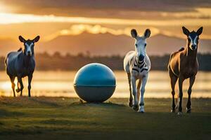 drie paarden en een zebra zijn staand in voorkant van een groot ei. ai-gegenereerd foto