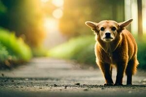 een hond is staand Aan een weg in de midden- van de dag. ai-gegenereerd foto