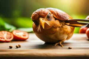 een kip met een mes en tomaten. ai-gegenereerd foto