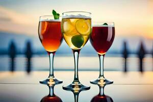 drie bril van verschillend drankjes Aan een tafel. ai-gegenereerd foto