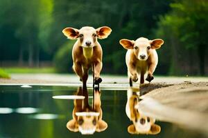 twee koeien wandelen door een plas van water. ai-gegenereerd foto