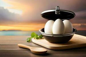 eieren in een pan Aan een tafel met een zonsondergang. ai-gegenereerd foto