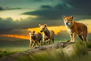 drie dingo honden staand Aan een heuvel in voorkant van een zonsondergang. ai-gegenereerd foto