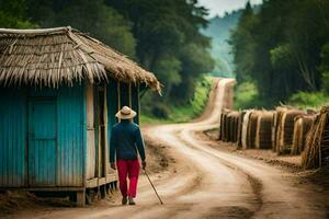 een Mens wandelen naar beneden een aarde weg met een hut in de achtergrond. ai-gegenereerd foto