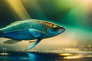 een vis met helder groen ogen en een blauw lichaam. ai-gegenereerd foto
