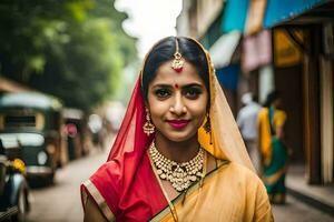 een vrouw in traditioneel Indisch kleding. ai-gegenereerd foto