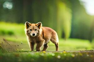 een hond is staand in de gras Aan een pad. ai-gegenereerd foto