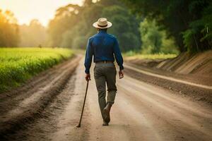 een Mens wandelen naar beneden een aarde weg met een riet. ai-gegenereerd foto