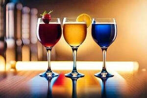 drie bril van verschillend gekleurde drankjes Aan een bar. ai-gegenereerd foto