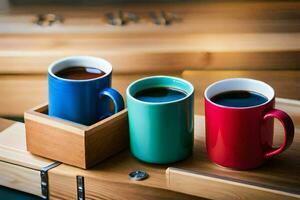 drie koffie cups Aan een houten dienblad. ai-gegenereerd foto