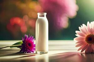 een fles van melk en bloemen Aan een tafel. ai-gegenereerd foto