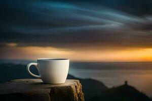 een kop van koffie Aan een rots met uitzicht de oceaan. ai-gegenereerd foto