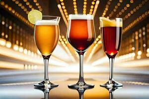 drie bril van verschillend alcoholisch drankjes Aan een tafel. ai-gegenereerd foto