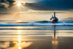 een boot Aan de strand Bij zonsondergang. ai-gegenereerd foto