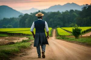 een Mens in een hoed wandelingen naar beneden een aarde weg. ai-gegenereerd foto