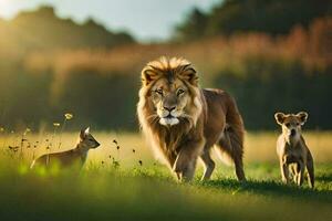 een leeuw en twee klein dieren in een veld. ai-gegenereerd foto