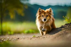 een hond is wandelen Aan de aarde weg. ai-gegenereerd foto