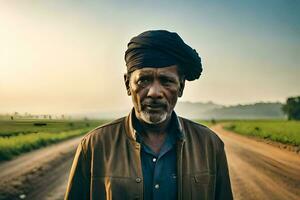 een oud Mens staand Aan een aarde weg. ai-gegenereerd foto