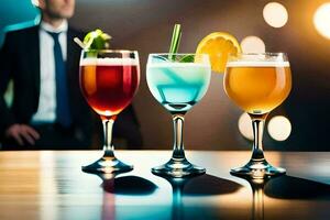 drie bril van verschillend gekleurde drankjes Aan een bar. ai-gegenereerd foto