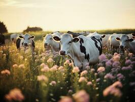 majestueus Longhorn begrazing in weelderig paars weide generatief ai foto