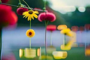 een bloem is drijvend in water met een snaar. ai-gegenereerd foto