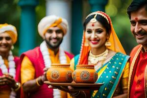 Indisch bruiloft ceremonie met bruid en bruidegom. ai-gegenereerd foto
