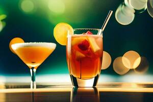 twee cocktails zitten Aan een tafel met een wazig achtergrond. ai-gegenereerd foto
