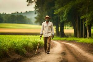 een oud Mens wandelen naar beneden een aarde weg in de midden- van een veld. ai-gegenereerd foto