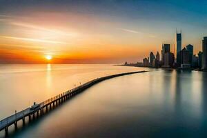 de zon sets over- de chicago horizon. ai-gegenereerd foto