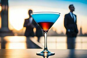 een blauw en rood cocktail Aan een tafel in voorkant van een stad horizon. ai-gegenereerd foto