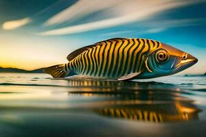 een vis is drijvend in de water Bij zonsondergang. ai-gegenereerd foto