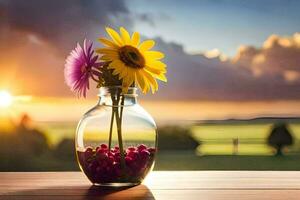 zonnebloemen in een vaas Aan een tafel met een zonsondergang in de achtergrond. ai-gegenereerd foto