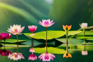 lotus bloemen in water met groen bladeren. ai-gegenereerd foto