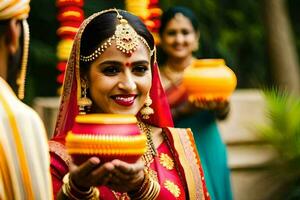 een vrouw in traditioneel Indisch kleding Holding een pot. ai-gegenereerd foto