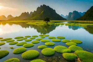 de zon stijgt over- een meer met groen planten. ai-gegenereerd foto