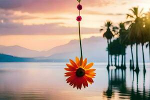 een hangende bloem in de water met palm bomen. ai-gegenereerd foto