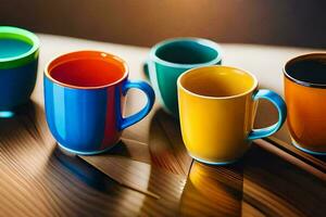 kleurrijk koffie cups Aan een houten tafel. ai-gegenereerd foto
