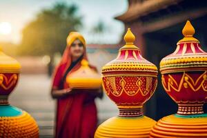 een vrouw in een rood sari is staand De volgende naar kleurrijk vazen. ai-gegenereerd foto