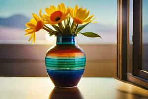 zonnebloemen in een kleurrijk vaas Aan een venster dorpel. ai-gegenereerd foto