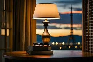 een lamp Aan een tafel in voorkant van een venster met een visie van de eiffel toren. ai-gegenereerd foto