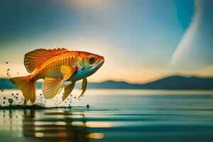 goudvis jumping uit van de water Bij zonsondergang. ai-gegenereerd foto