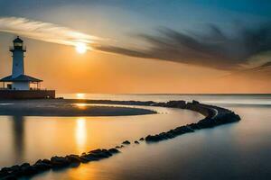 foto behang de lucht, de zee, de vuurtoren, de zonsondergang, de water, de rotsen. ai-gegenereerd