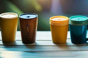 een rij van kleurrijk cups Aan een houten tafel. ai-gegenereerd foto