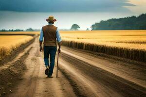 een Mens wandelen naar beneden een aarde weg in een veld. ai-gegenereerd foto