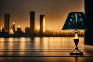 een lamp is zittend Aan een tafel in voorkant van een stad. ai-gegenereerd foto