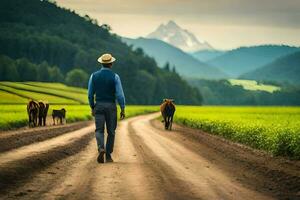 een Mens wandelen naar beneden een aarde weg met koeien in de achtergrond. ai-gegenereerd foto